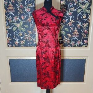 🌸 Morbid Threads Red Satin & Black Burnout Velvet Cheongsam Dress Asian Vintage